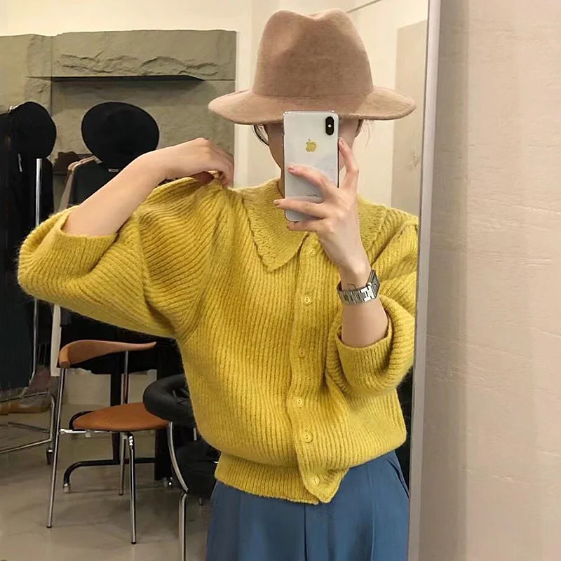 Корейский шикарный однобортный Свободный вязаный кардиган из мягкой кожи белого