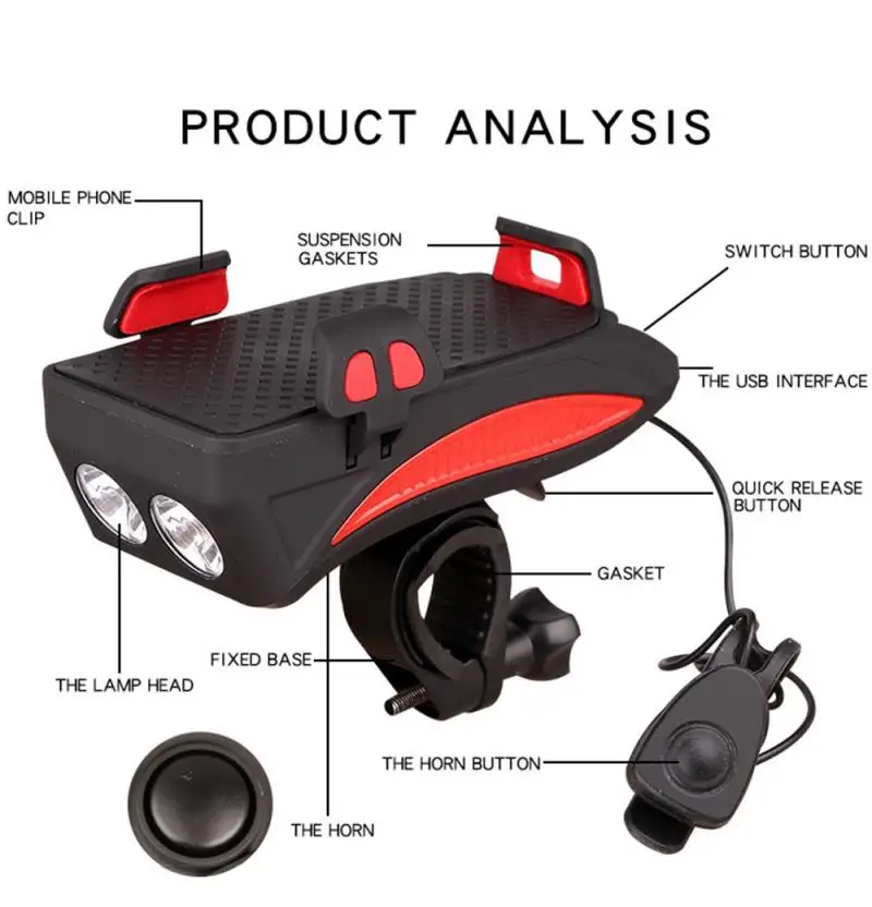 4 In 1 Multi-function 2000/4000mA Cycling FlashLight USB Rechargeable LED Bike Head Lamp Horn Phone Holder | Спорт и развлечения
