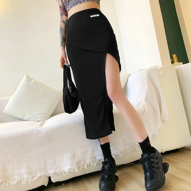 

HOUZHOU Punk Long Skirts Women Sexy Patchwork Asymmetry High Waist Slim Slit Wrap Skirt Summer Kpop Korean Fashion Streetwear