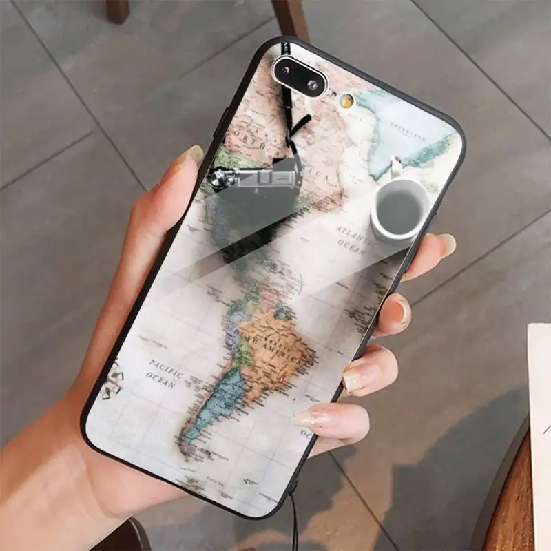 

World Map Travel Phone Case Tempered glass For iphone 5C 6 6S 7 8 plus X XS XR 11 PRO MAX