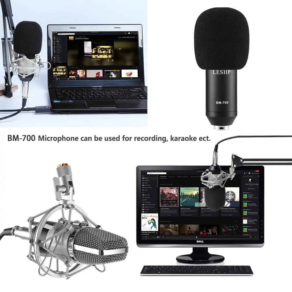 LESHP Black Durable Professional Flat Head Condenser Broadcasting Recording Microphone With 35 Bracket set &amp USB Sound Card |