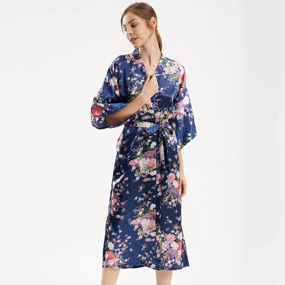 

Sexy Women Casual Kimono Bathrobe Gown Flower Printing Oversize Long Sleepwear Silky Satin Wedding Robe For Bride Flower Girls