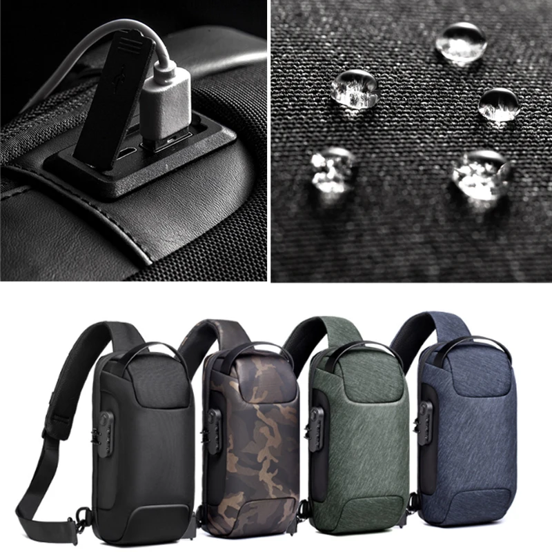 Men's Waterproof USB Oxford Crossbody Bag Anti-theft Shoulder Sling Bag Multifunction Short Travel Messenger Chest Pack For Male