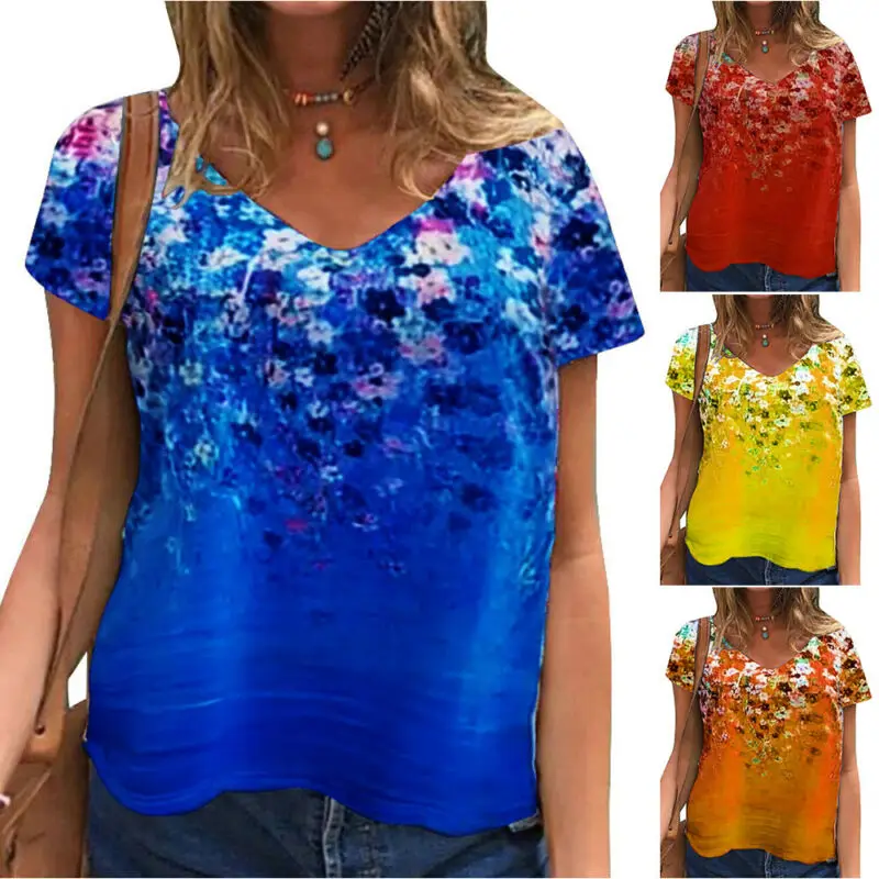 

VICABO Women Clothes Summer Casual V-Neck Floral Print T-Shirt Lightweight Short Sleeve Ladies Tops Woman Tshirts 2021