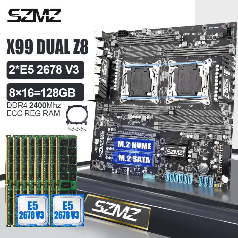 Kaufen SZMZ X99 Dual CPU Sockel LGA 2011 V3 Motherboard Set Mit DUAL XEON E5 2678 V3 Prozessor 8*16gb DDR4 2400MHZ ECC REG Speicher Kit