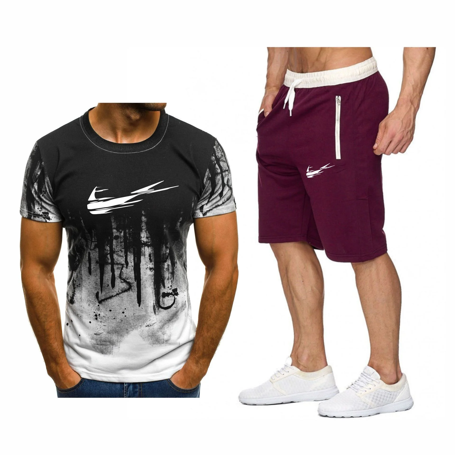 

2021 men's INIKE fashion brand short sleeve drop ink casual suit summer boys' shorts fashion loose suit