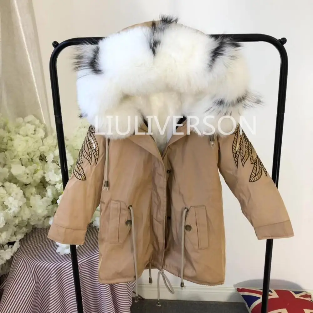 Детские парки с натуральным мехом лисы и кроличьим внутри зимние теплые пальто