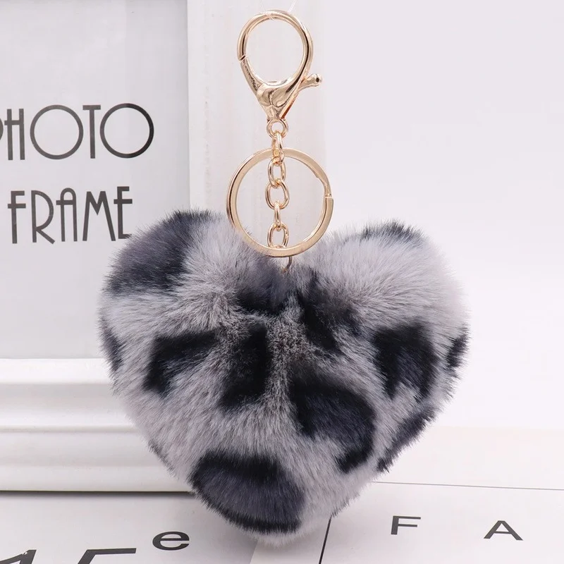 Artificial Rabbit Fur Pom-pom Keychain Leopard-print Pom-pom Keychain Lady Mobile Phone Bag Key Ring Love Pendant Decoration