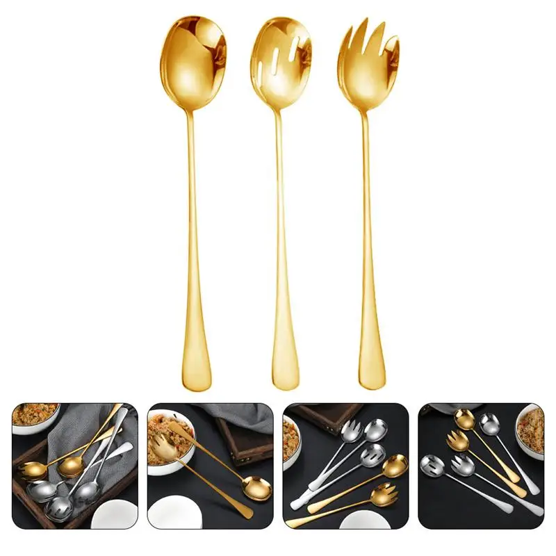 

3 шт., салатные ложки и дуршлаг из нержавеющей стали с удлиненной ручкой, набор из трех предметов