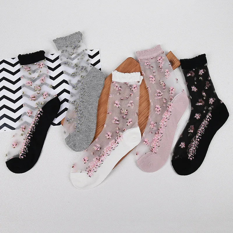 

1 Pair Elastic Flower Lace Socks Fashion Summer Sock Crystal Lace Short Thin Transparent Roses Jacquard Visible Ultrathin Socks