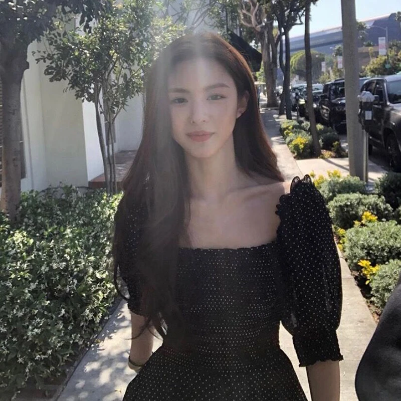 Polka Dot Summer Dress 2020 Square Collar Half Puff Sleeve Vacation Sexy Mini Tunic Women Sundress Robes Vestidos | Женская одежда