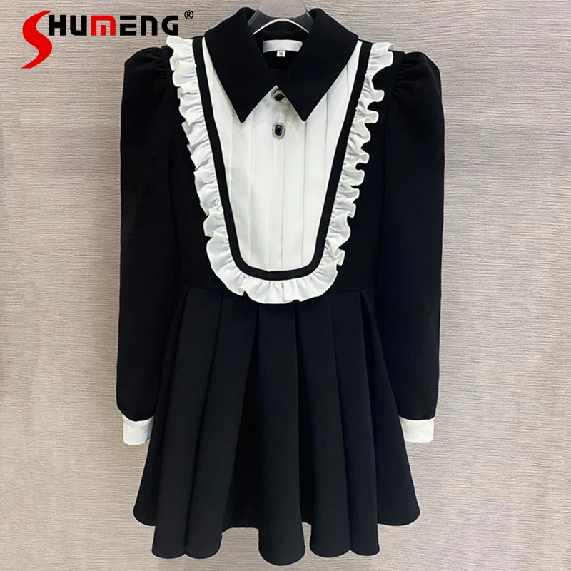 

2021 Autumn New Ladies Court Style Contrast Color Ruffles Above Knee Dress Women's Fashion Loose Slim Waist Long Sleeve Dress