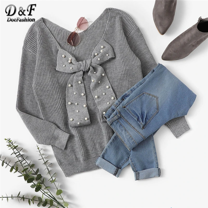 Dotfashion серый жемчужный вышитый бисером свитер с бантом спереди для женщин, Повседневная осенняя одежда, свитера, мода, женские пуловеры, джемпер