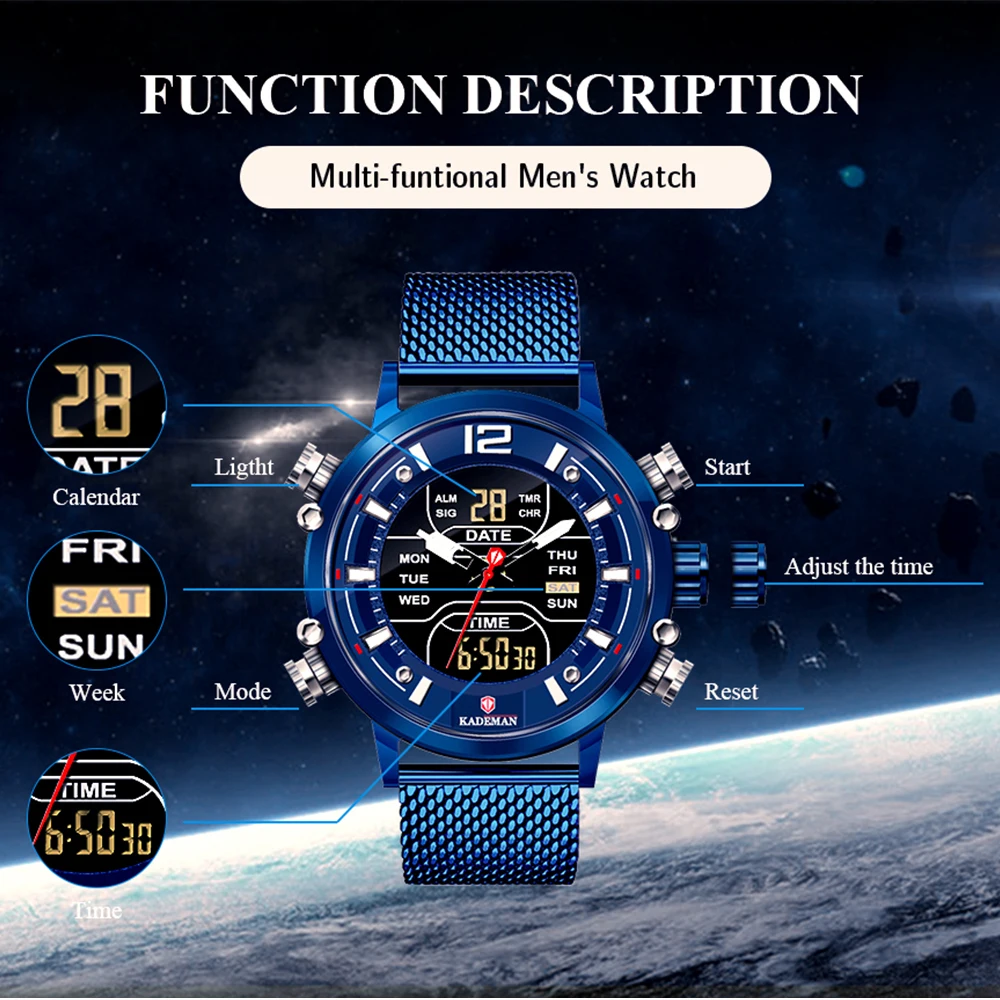 KADEMAN Men Watchs New Fashion Cool Unique Digital Big Dial Quartz Mesh Stainless Steel Simple Back Light Sport Business Watches | Наручные