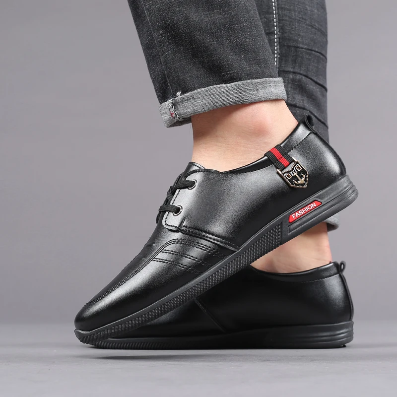 Business Casual Leather Shoes Men Black Lace-Up Wedding Dress For Male Soft Breathable Loafers Flat Outdoor Sneakers | Обувь