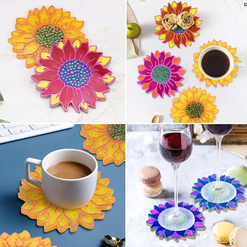 

T8DE 2 Pcs Sunflower Shape Coaster Epoxy Resin Mold Cup Mat Casting Silicone Mould
