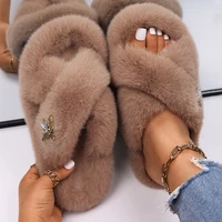 khaki fluffy faux fur slides for women slippers flats sandals slippers alloy letter m designer custom flip flops wholesale shoes