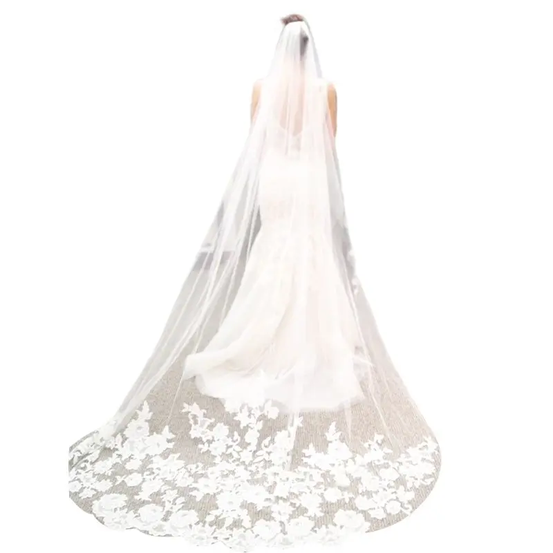 

One-Layer Women Ultra-Long Trailing Wedding Veil Romantic Embroidered Floral Lace Appliques Patchwork Cathedral Bridal Veil