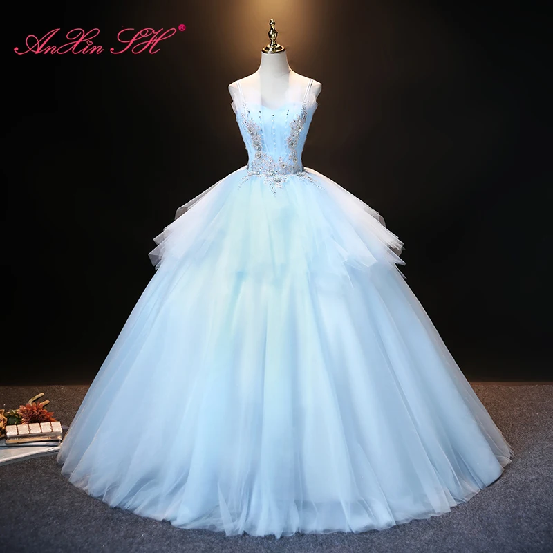 

AnXin SH vintage princess blue lace rose flower beading pearls spaghetti strap ball gown bride ruffles party evening dress