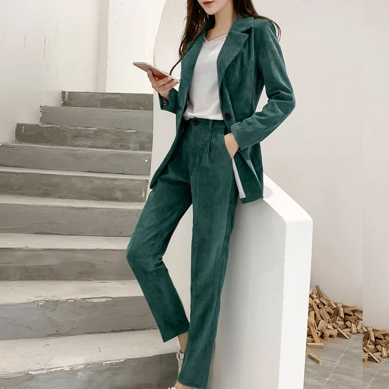 green set Корейский S-XL размера плюс вельветовый осенний Блейзер костюм Женский Длинный блейзер пальто+ кнопки карандаш брюки из двух частей набор для женщин Весна - Цвет: green set