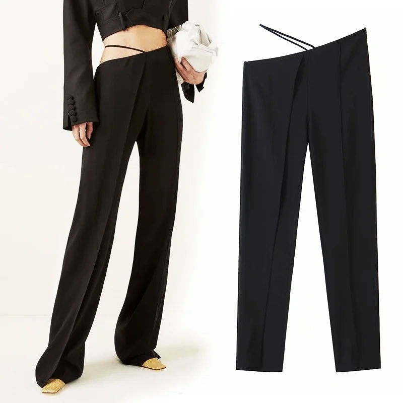 

Fashionable Summer Pants Women's High Waist Personality Open Waist Retro Straight Leg Pants Solid Color Casual Loose Trousers