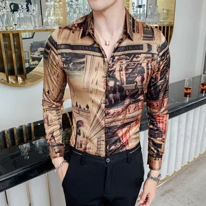 Рубашка мужская черно-Золотая с длинным рукавом и принтом в стиле барокко, 4xl