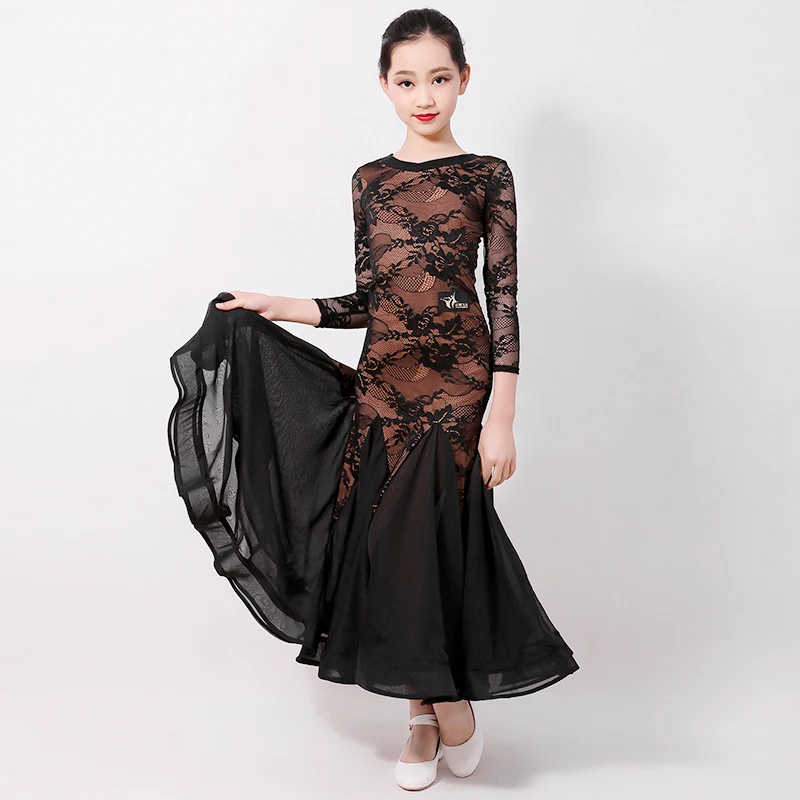 

Элегантная детская кружевная стандартная танцевальная одежда для танго и вальса, танцевальная одежда для фламенко DWY2171