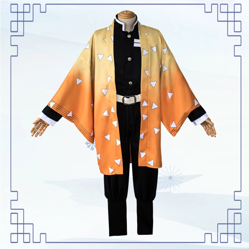 Anime Demon Slayer: Kimetsu no Yaiba Cosplay Costume Agatsuma Zenitsu Women Men Kimono Wigs Clogs Robe Cloak Geta Shoes | Тематическая