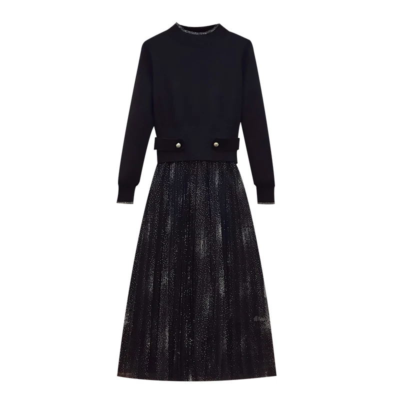 

L-4XL plus size women elegant sweater dress 2020 vintage mesh patchwork long sleeve autumn winter dresses vestidos female