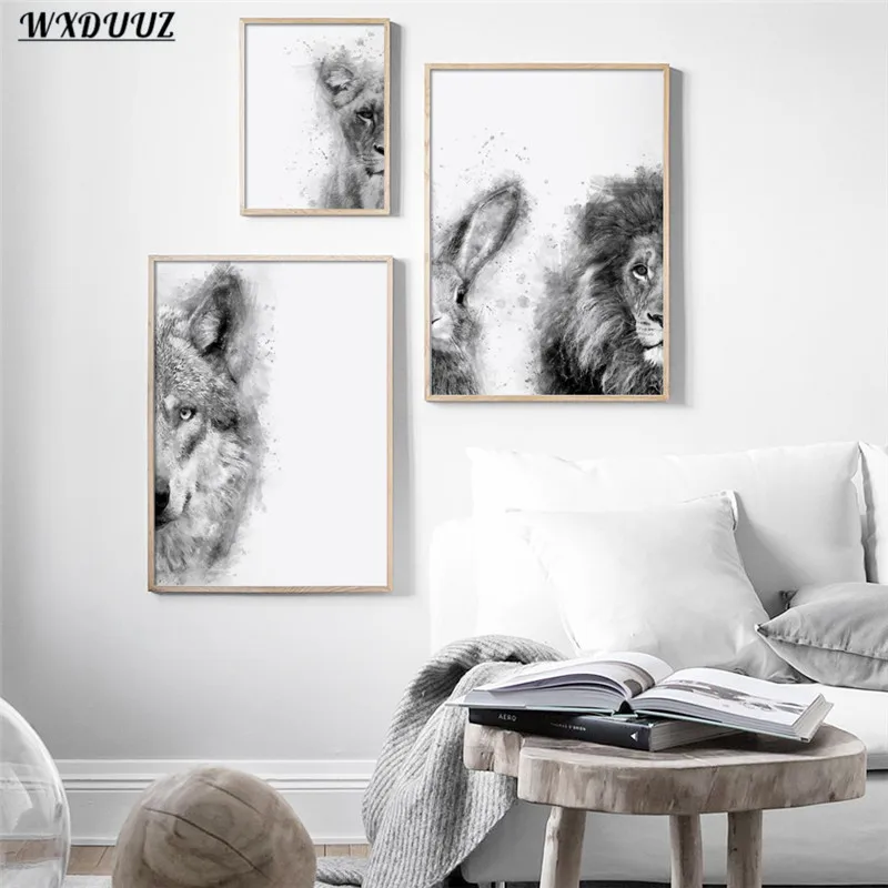 Скандинавский черно-белый художественный домашний декор картина льва волка