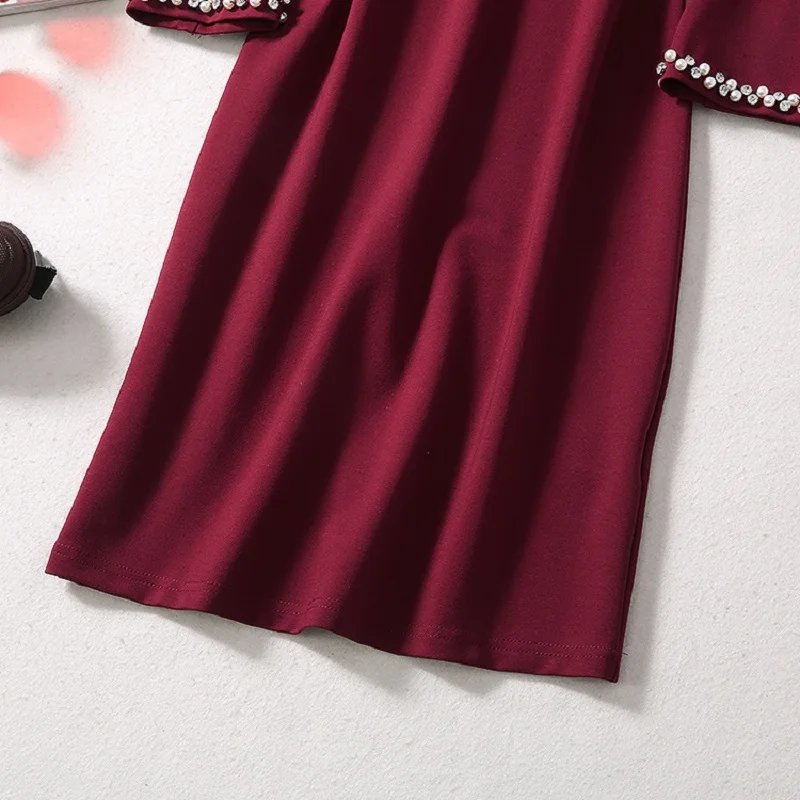 

2021 Spring New Summer Fashion Bodycon Dress High Quality Women Hand Made Beading 3/4 Sleeve Wine Red Black Dress Vestidos Festa