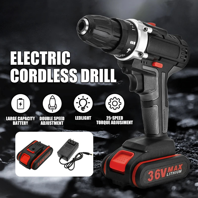 Аккумуляторная электрическая дрель шуруповерт 2 батареи 36 В светодиодный