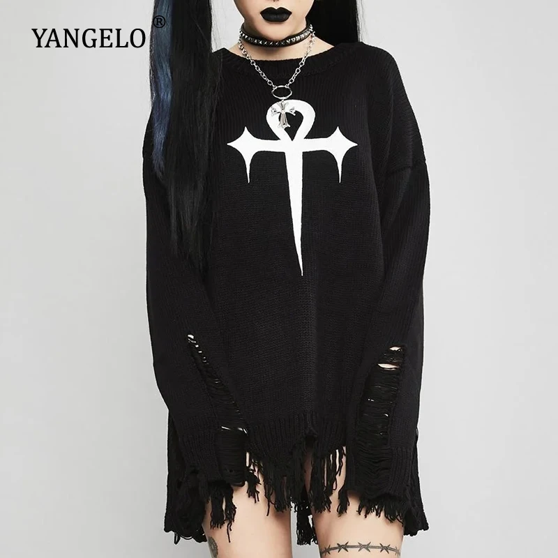 Yangelo Gothic Eternally Lifeless Distressed Sweater Women Autumn Winter Hole Long Sleeved Pullover Black Streetwear Female Top | Женская