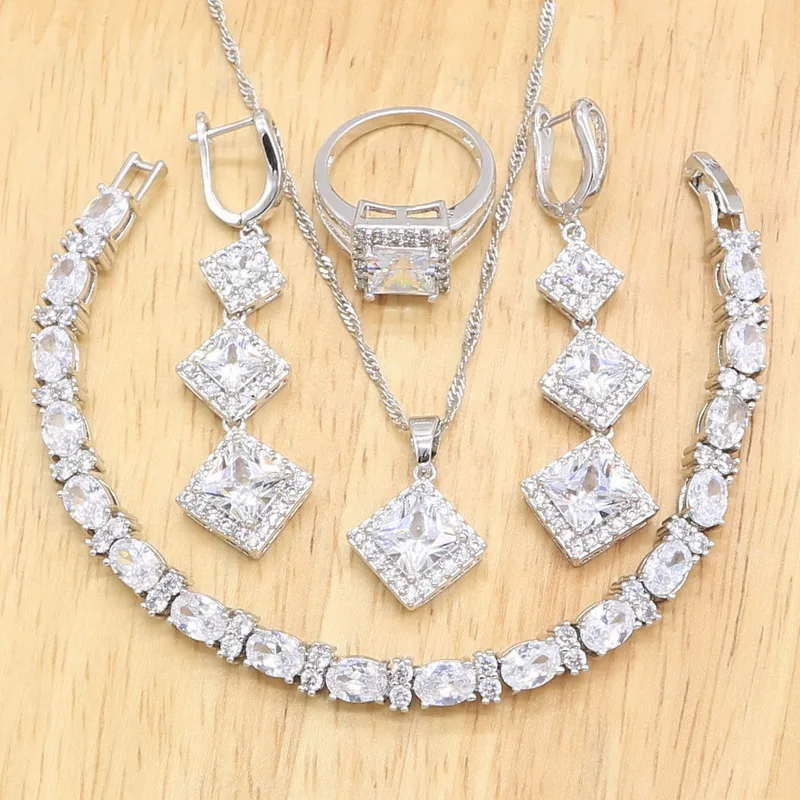 

Geometric White Zircon 925 Silver Jewelry Sets For Women Bridal Bracelet Earrings Necklace Pendant Ring Birthday Gift