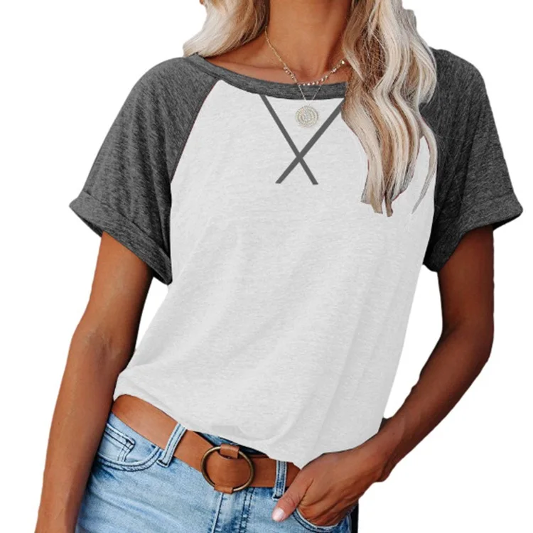 

Летняя простая хлопковая женская футболка в стиле пэчворк с круглым вырезом, свободная рубашка с перекрестными вставками, топ и футболки дл...