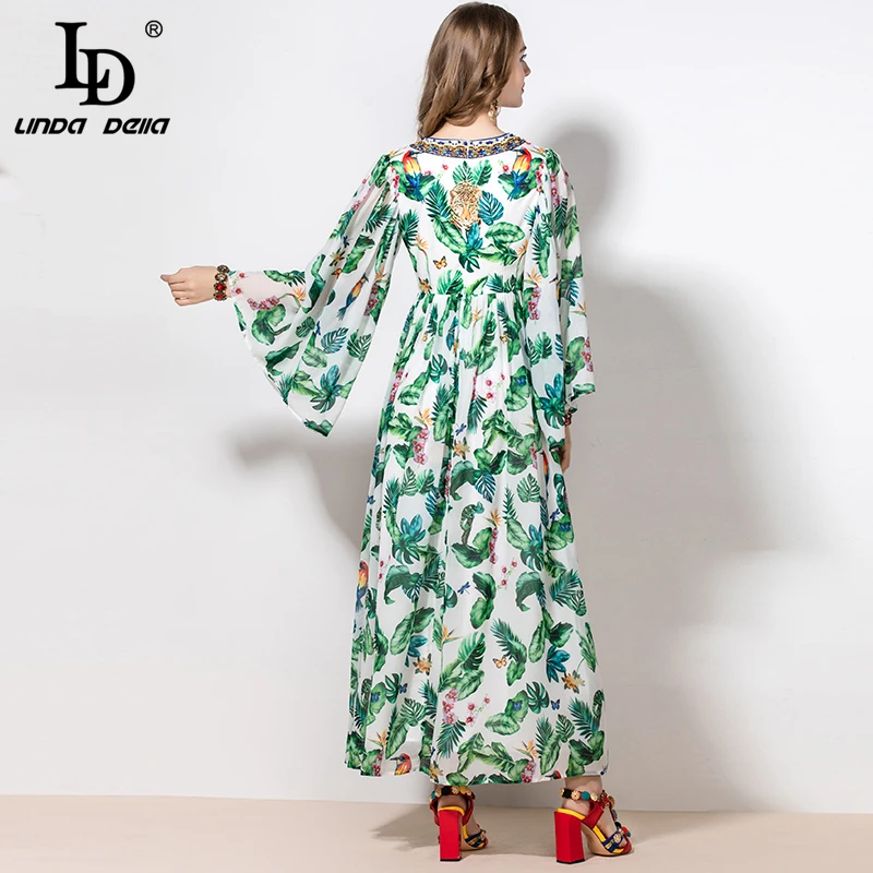 

LD LINDA DELLA 2021 Summer Fashion Runway Boho Loose Maxi Dress Women's Flare Sleeve Flowers Print Chiffon Party Long Dress