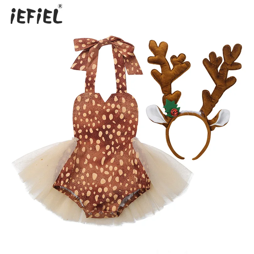 

Рождественский костюм Лося для новорожденных девочек; Комбинезон без рукавов с лямкой на шее и открытой спиной; Платье с обручем для волос; ...