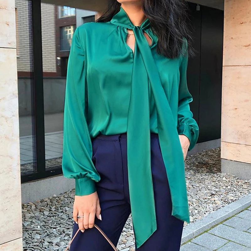 Новинка 2020 женская зеленая блузка с длинным рукавом модные топы со шнуровкой на