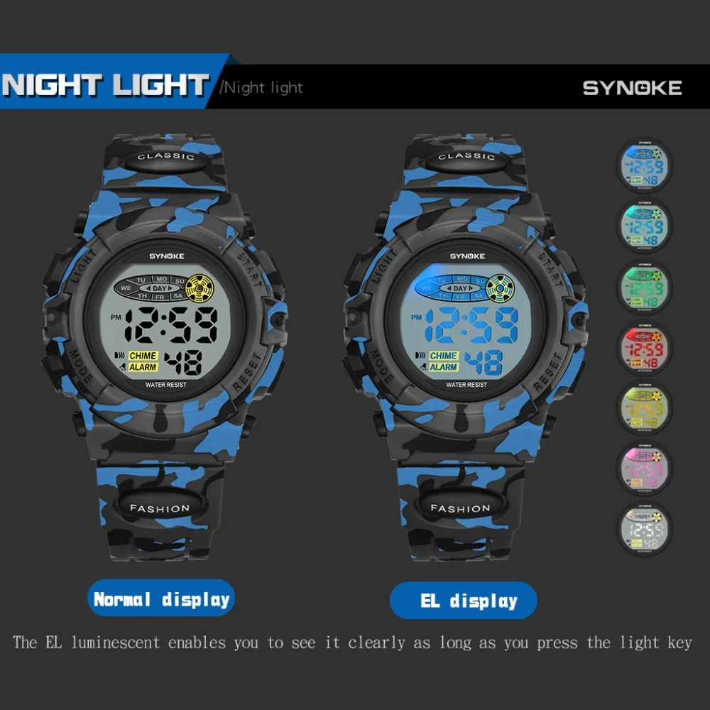 SYNOKE Sports Military Kids Digital Watches Student Children's Watch Fashion Luminous Led Alarm Camouflage Green Boy Clock