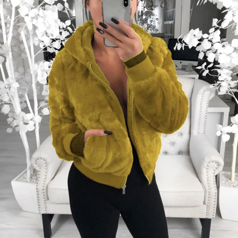 

2020 New Winter Women Hooded Jacket Bunny Fur Top Imitation Fur Plush coat Warm Thick Large Size