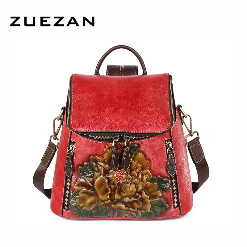 Women Genuine Leather Backpack, Girl's Everyday School Pack, 3 Dimensional Embossed Flower,Vegetable tanned leather, LY005