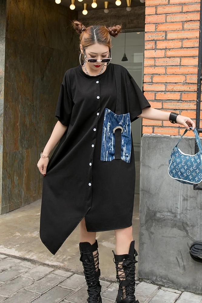 

European station 2021 summer new casual stitching pocket loose irregular hem plus size dress trend woman dress