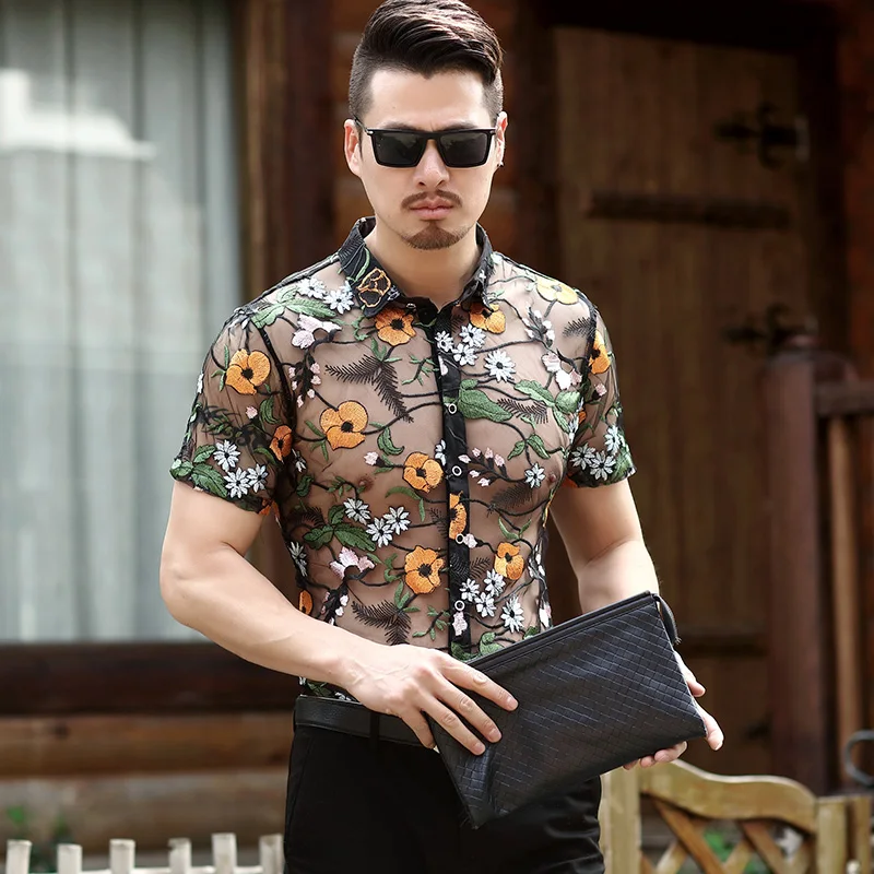 

Summer Mens Fashion 2020 Mens Hawaiian Shirts Short Sleeve Flowers Transparent Shirts See Through Shirts Mesh Dresses Large Size