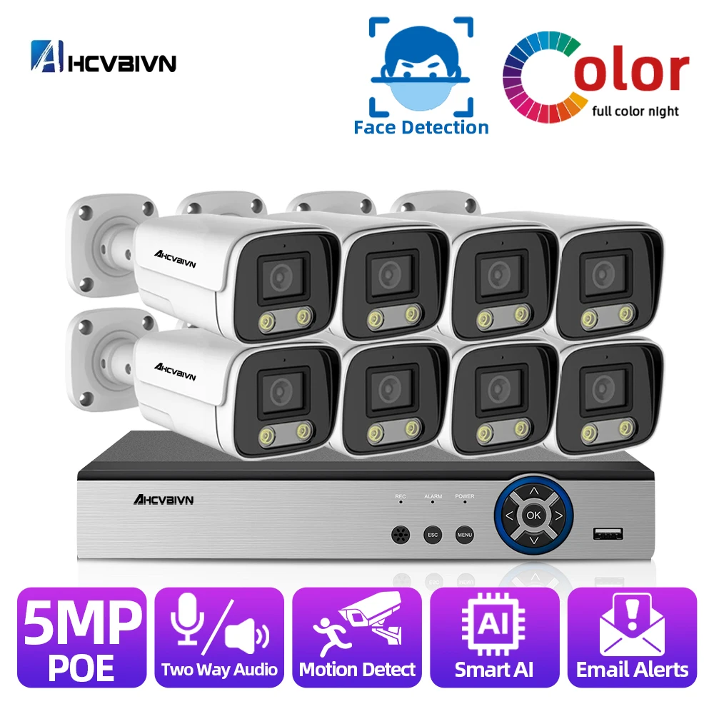 

8-канальная 5-мегапиксельная система видеонаблюдения PoE IP, комплект умного домашнего видеорегистратора H.265 4k, цветная камера ночного видения...
