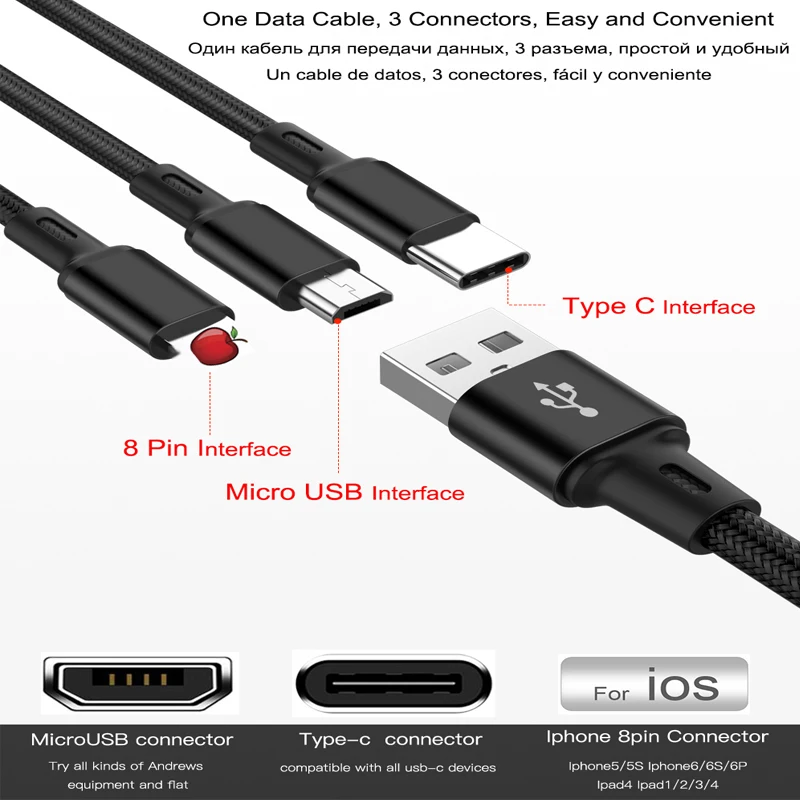 USB 3 в 1 кабель для зарядки для iPhone 6 3.0A кабель для быстрой зарядки Ssb tipo c для телефона Android кабель usbc кабель usb