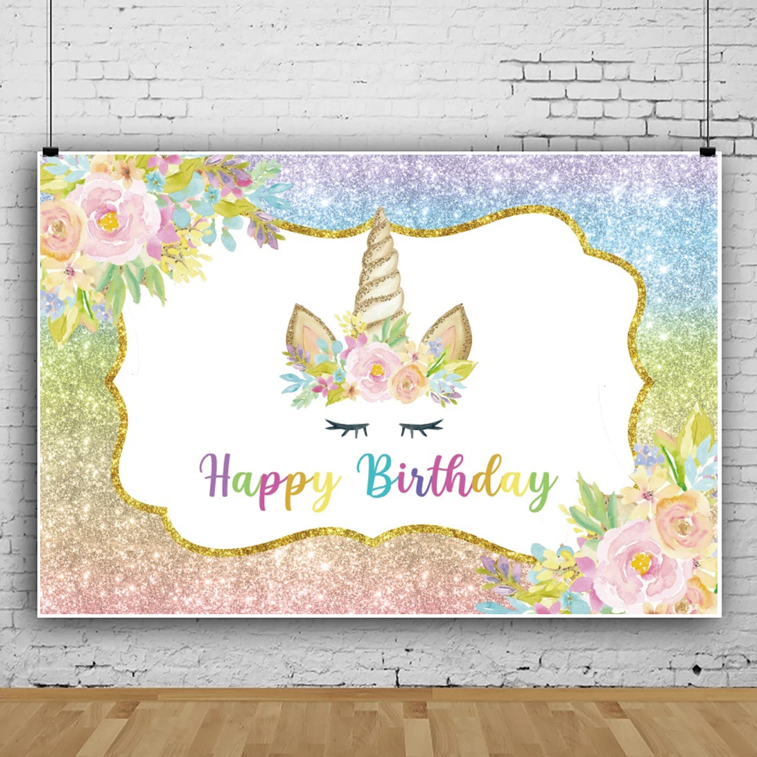 

Laeacco День Рождения Вечеринка Единорог блестки ребенок душ ребенок фотозона портрет фото фон фотография Фотостудия