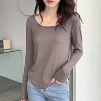 spring autumn korean fashion cotton t shirt women long sleeve tees basic casual o neck tshirt female solid irregular slim tops