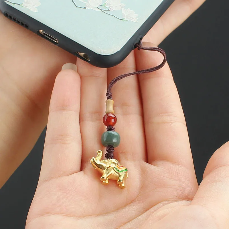 

Chinese elements ancient gold cloisonne sand gold elephant mobile phone lanyard brass mobile phone chain pendant U disk pendant
