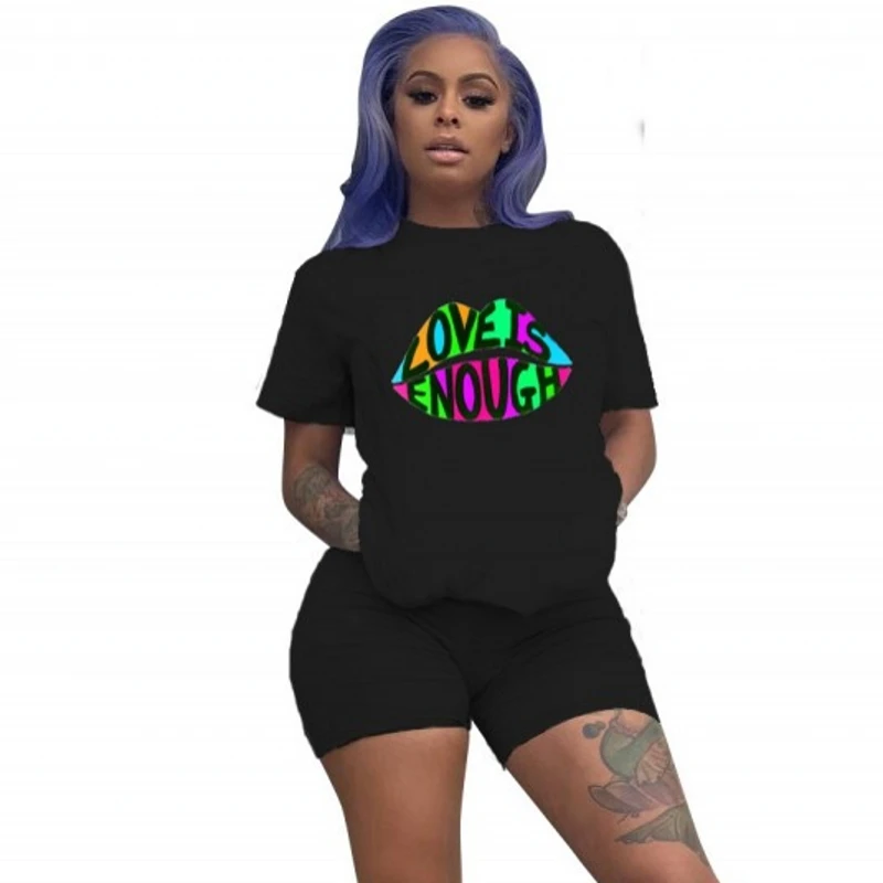 

2020 Women New Summer Letter Print Short Sleeve T-shirt Knee Length Shorts Suit Two Piece Set Sporting Tracksuit Outfit