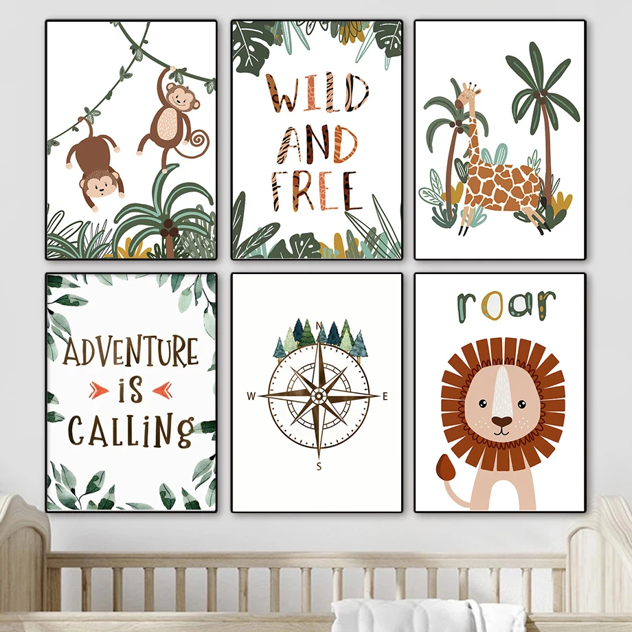Настенный плакат с животными в джунглях обезьянами львом жирафом мультяшный